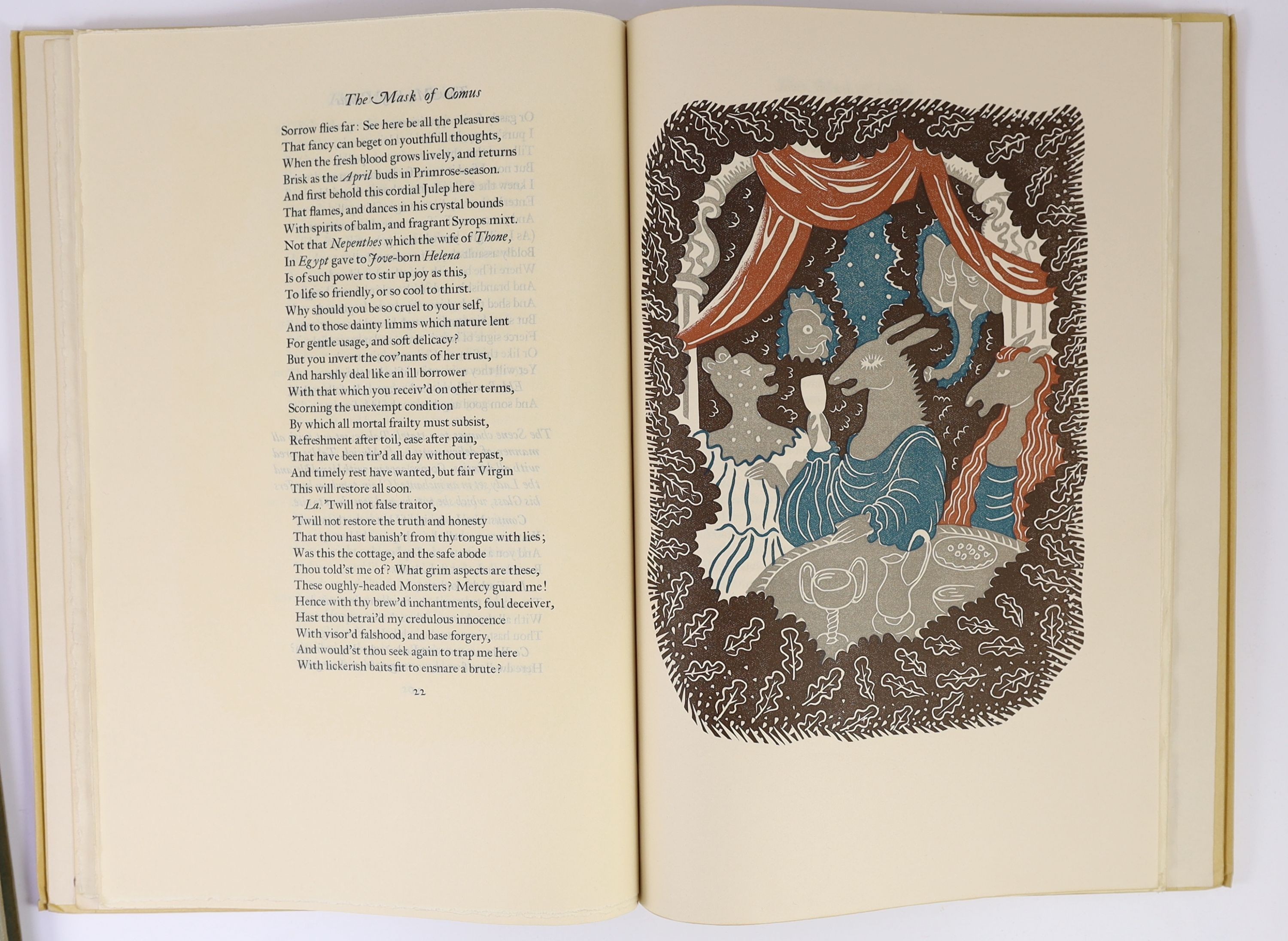 Nonesuch Press - Milton, John - The Mask of Comus, one of 950, folio, faux vellum with yapped edges, illustrated with 5 plates by M.R.H. Farrar, London, 1937, in slip case.